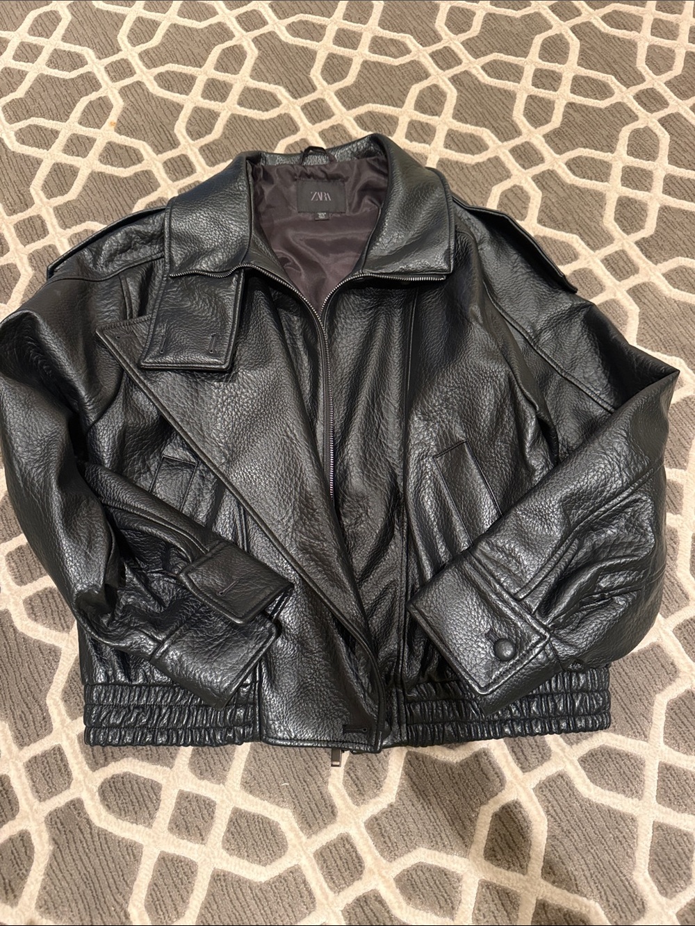 Zara Black Pebbled Leather Bomber Jacket medium